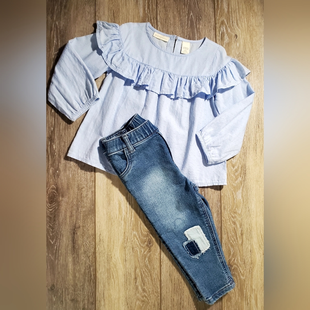 Distressed, Stars And Patches Denim Jeans & Blue Blouse Set Size 24 Mo